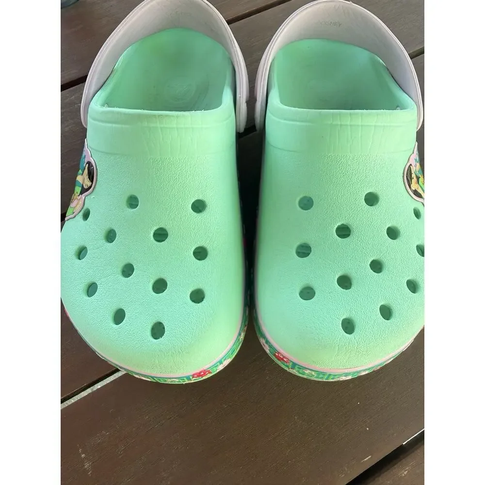 Crocs Disney Mulan Clogs Big Kids Size J2 Slip On Casual Shoes Pink Green